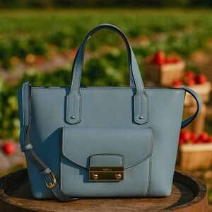 NEW FURLA Nuvola Sky Blue Pebbled Leather Small Julia Tote Bag  - Made in Italy